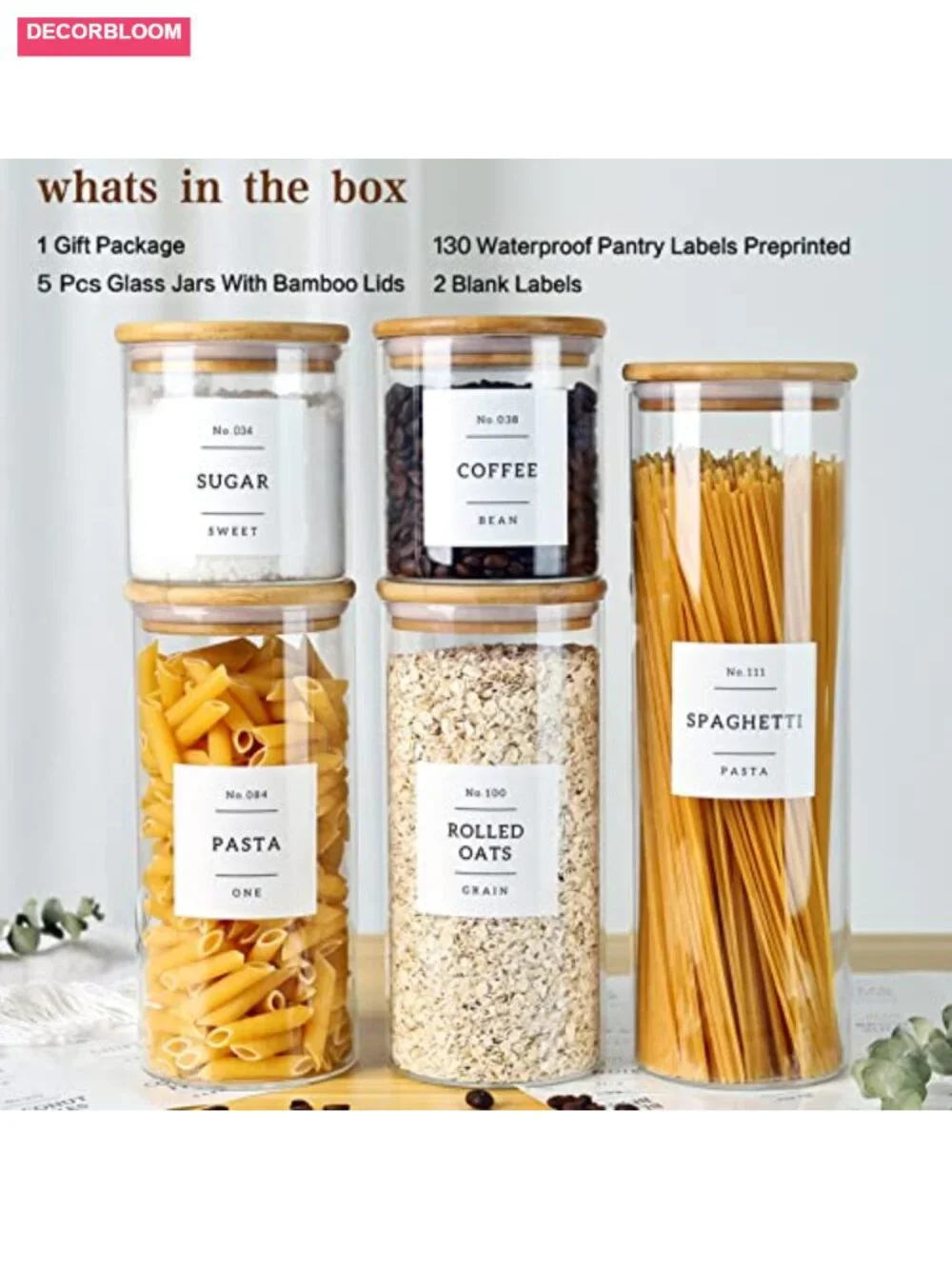5 Pack Glass Jars with Bamboo Airtight Lids - Stackable Food Storage Containers